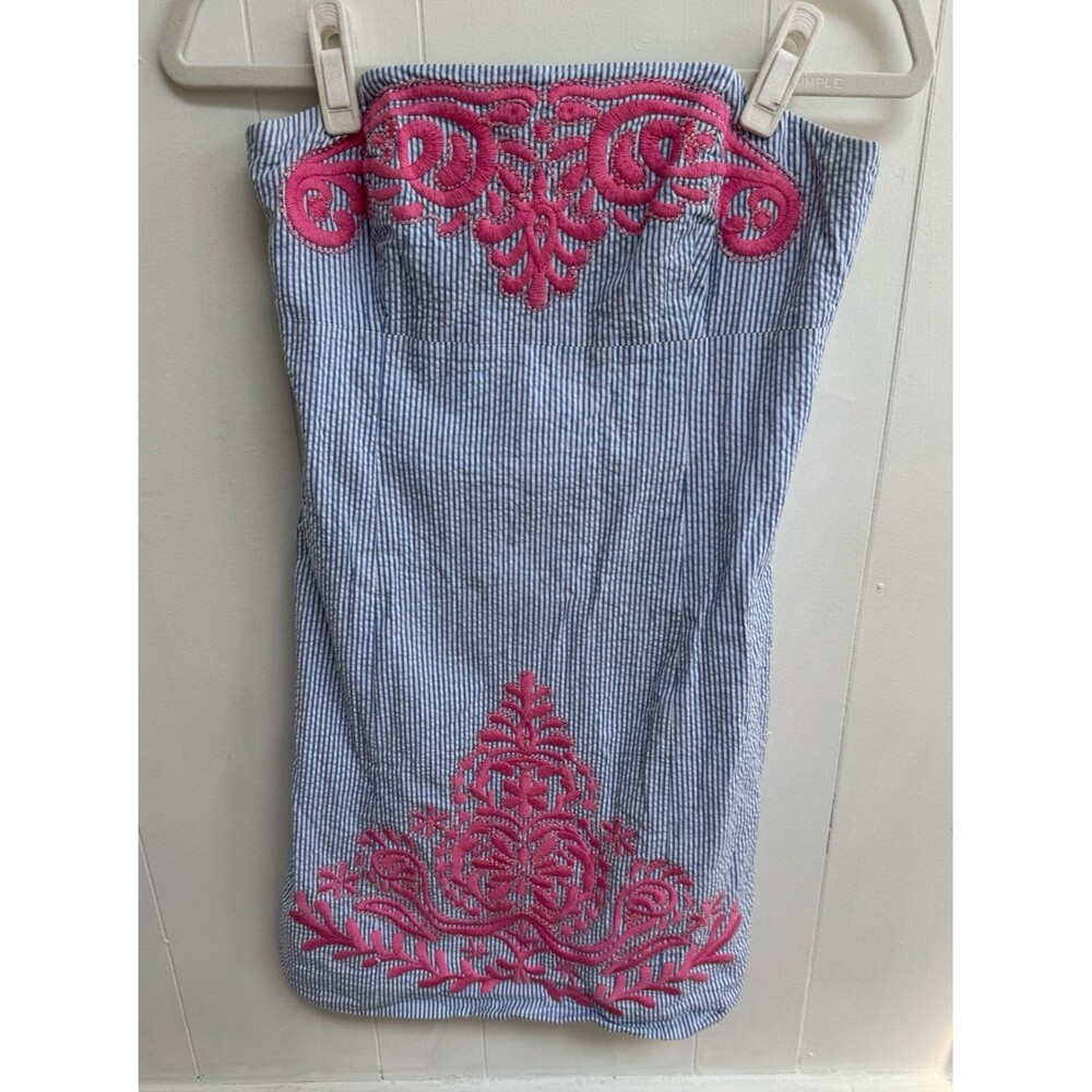 Lilly Pulitzer Seersucker Embroidered Strapless Mini Dress Bowen Blossom Sz 6